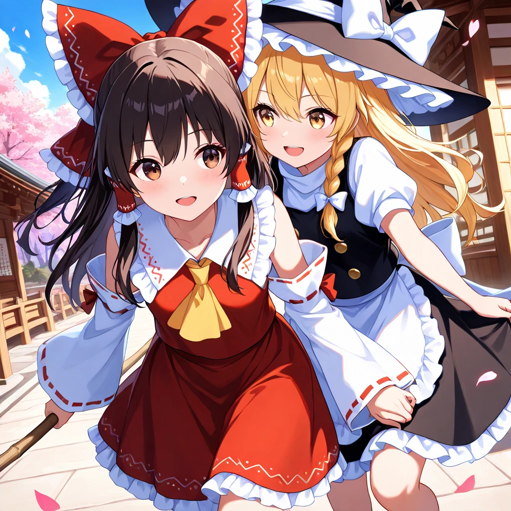 (masterpiece, best quality), (absurdres absolutely resolution), (8k), (detailed eyes:1.3), (beautiful eyes:1.3), (detailed illustration), (super fine illustration), (vibrant colors), (professional lighting), 8k, high res, (nice hands, perfect hands), 2 girls, pair, hakurei reimu, black hair, long hair, brown eyes, smile, open mouth, hair red bow, hair red tube, red tops, yellow ascot, white collar, white detachable sleeves, red skirt, walking, hand is pulled, leaning forward a little, located at the rear right from the viewer's perspective, look at Marisa Kirisame, look away, BREAK kirisame marisa, smile, blond hair, long hair, fluttering hair, single braid, black witch hat, hat ribbon, yellow eyes, white shirt, white sleeves, short sleeves, puffy sleeves, black vest, black skirt with frill hem, white waist apron, white back ribbon, hold hands, pull hands, look at reimu hakurei, look away, carry a broom on your shoulder, BREAK morning, light blue sky, a little cloud, colorful tulips around knee height, flying colorful petals, the wooden shrine building can be seen slightly in the lower right, trees behind the shrine building, from front, cowboy shot, score_9, score_8_up, score_7_up, source_anime, luminous reflections, HDR-like contrast, vibrant color palette, glowing lights, vibrant reflections, surreal lighting, HDR effect, cinematic vividness, intensely saturated lighting effects, 4k, 8k, Ultra HD, Masterpiece :1.2, Best quality :1.2, Detailed :1.5, Detailed background :1.5, light, shine colorful,