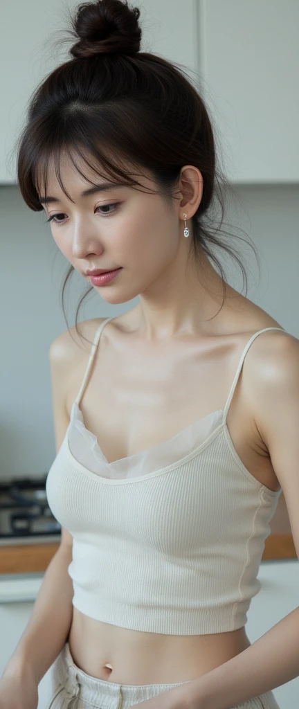 "Specifications: 8K Resolution, Optimal Quality: 1.2, Realistic Style, Enhanced Photorealism: 1.37, Crystal Clear Ultra High Definition, ((full shot)), Subject: a beautiful woman, 1girl, solo, 30 years old, busty, (((extra large tank top, baggy tank top, white tank top, Photographed from a side angle, My chest is visible through the gap in the armpit.))), big and full breasts, (huge breasts: 1.4), no_bra, covered_nipples, exposed cleavage, (perfect body), (black hair), (long hairstyle), seductive pose, looking towards the viewer, Realistic proportions, Good anatomy, (best detailed skins, skin texture:1.1), Wet Hair, Enchanting Smile, Graceful Closed Mouth, Exquisite Detailing, Lovely Nose, Complete Full Body, Glistening Wet Hair, Colossal Breasts, Pork short pants, Cinematic light, ((full shot))."