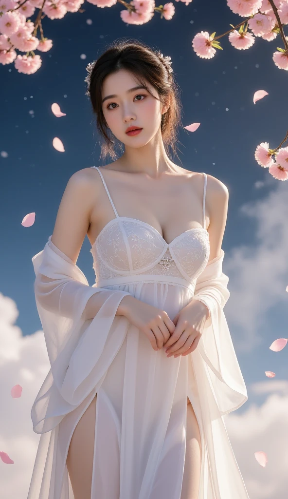 1girll, Solo, flower, Long hair, Realistic, Brown hair, holding flower, dress, view the viewer, Smile, Holding, Indoors, Breasts, Lips, standing, See-through, convenient censoring, hdr,hyper HD,8K, Best quality, Best quality,  Ultra-fine painting, Physically-based rendering, Extreme detail description, view the viewer,Slender, Narrow waist, Medium breasts
