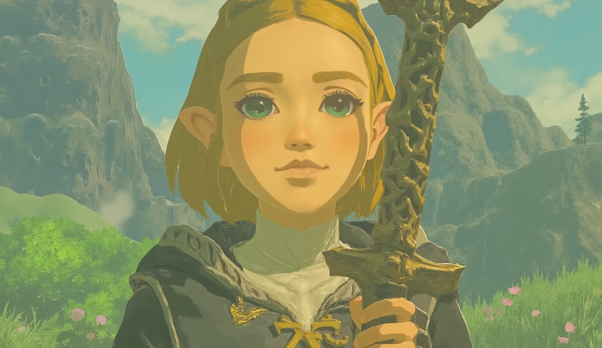 Yoko face、Close-up photo of a woman holding a sword, Zelda OTW, OTW style, Zelda, princess Zelda,, Breath of the Wild Style , OTW, portrait of Zelda, Zelda with triforce, portrait of princess Zelda, from legend of Zelda, Zelda style art,