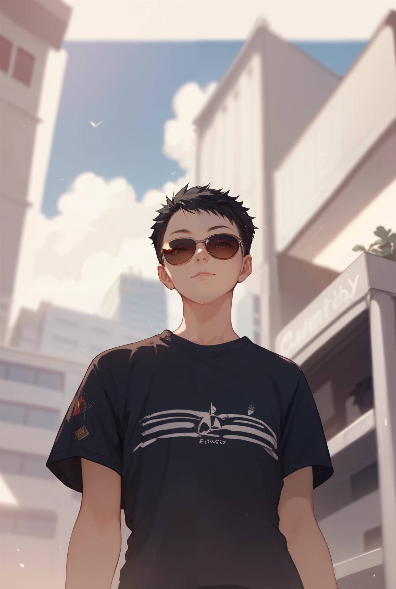 Short Hair, Solo, Best Quality, Black Hair, Lonely, Expressionless, From Below, Sunglasses, Hoody, Blurry, Anime, Light Smile, 