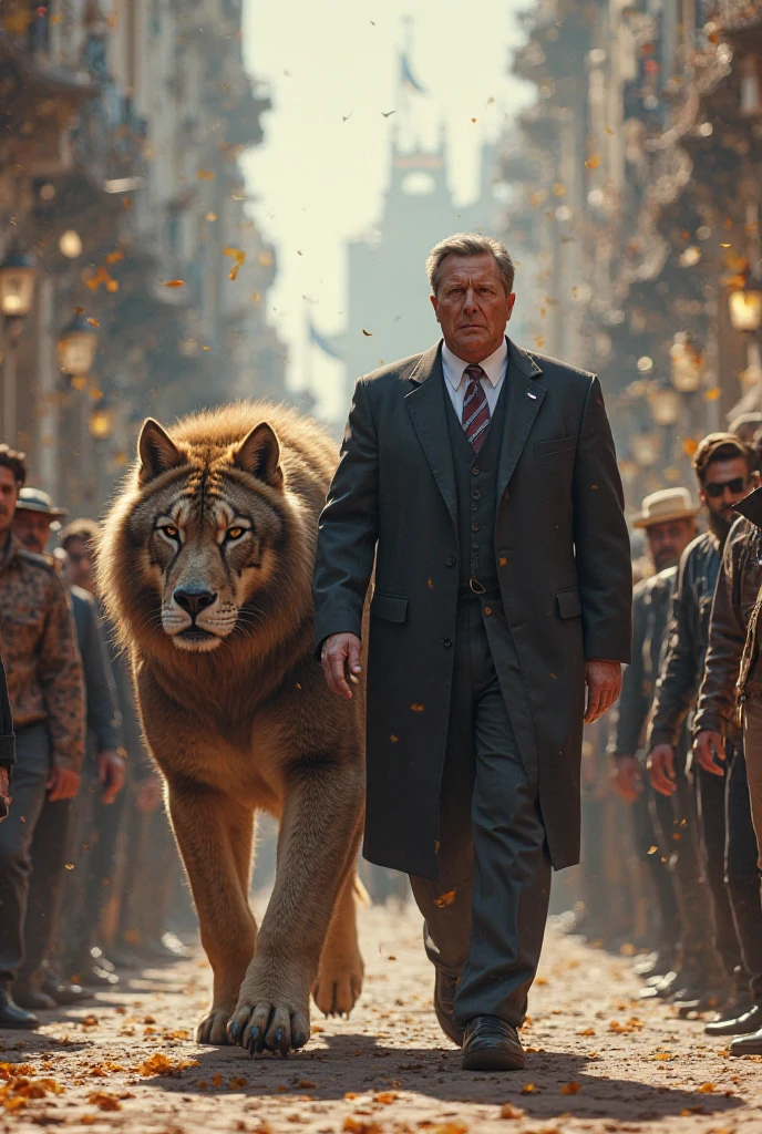 A man had is lion and begraund is city and childrens a gun 
