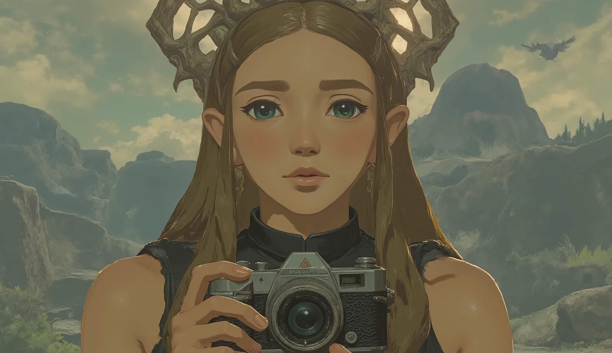 profile、Close-up photo of a woman holding a SLR camera, Concept art by Kieran Yanner, CG Societyでトレンド, Art Nouveau, Zelda OTW, OTW style, Zelda, princess Zelda, Breath of the Wild Style , OTW, portrait of Zelda, Zelda with triforce, portrait of princess Zelda, from legend of Zelda