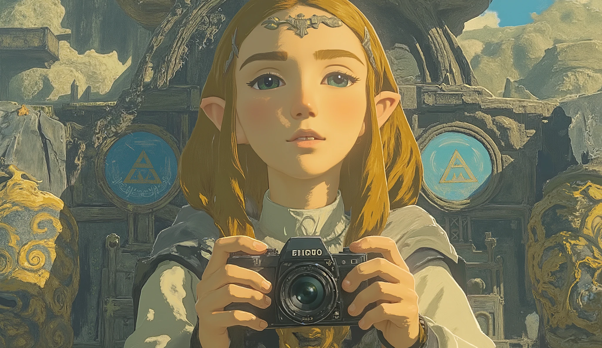 profile、Close-up photo of a woman holding a SLR camera, Concept art by Kieran Yanner, CG Societyでトレンド, Art Nouveau, Zelda OTW, OTW style, Zelda, princess Zelda, Breath of the Wild Style , OTW, portrait of Zelda, Zelda with triforce, portrait of princess Zelda, from legend of Zelda