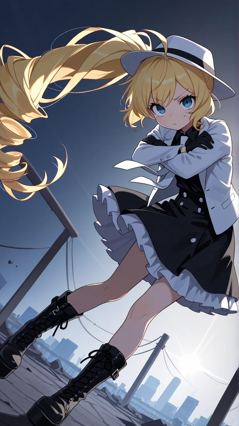 a blonde woman in a torn school uniform and black jacket with a white puppy, running in front of a giant zombie type, guweiz style artwork, epic light novel art cover, trend on artstation pixiv, Guweiz and Pixiv Artstation, guweiz, epic anime artwork, Guweiz and Artstation Pixiv, epic light novel cover, By Akihiko Yoshida