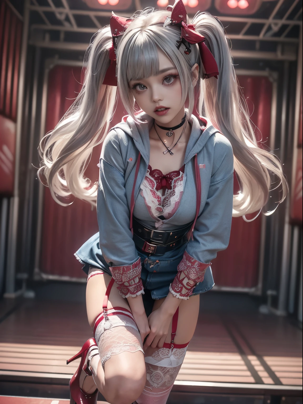 ( full body view:1.2)、(Full body:1.1)、(teeth of a passenger car and laugh:1.3),(Shibuya Gal:1.5)、(Hostess:1.4)、(Gothic Lolita Fashion :1.5)、( punk rock visual:1.3)、( Futuristic Babydoll Decorated in White, Pink, and Denim:1.5)、(Burgundy and Red Delicate Hoodie :1.5)、(red garter belt around the butt:1.5)、(Magenta, light blue and red bodysuit and miniskirt :1.4)、( heart-shaped silver accessory :1.5)、(Brown Skin Belt:1.4)、(red high heels:1.4)、(Luxurious Sugar Lace Underwear :1.4)、28 years old、NSFW,((top quality、In 8K、masterpiece:1.3))、Sharp focus:1.2、( layer cut 、beautiful boobs:1.1), beautiful woman with perfect body:1.4、(A futuristic babydoll decorated in white, pink, and denim in a race queen pose :1.3)、 slender abs:1.2、Butt、highly detailed facial and skin textures、detailed eyes、Double eyelids,(Twin Tails:1.3)、(Platinum and Cream Hair :1.3)、Obscene、gravure idol、( The background is a Showa disco hall stage:1.3)、(Make your legs thinner:1.4)、(Thin thighs:1.4)、(Slim body:1.3)、(collarbone:1.1)