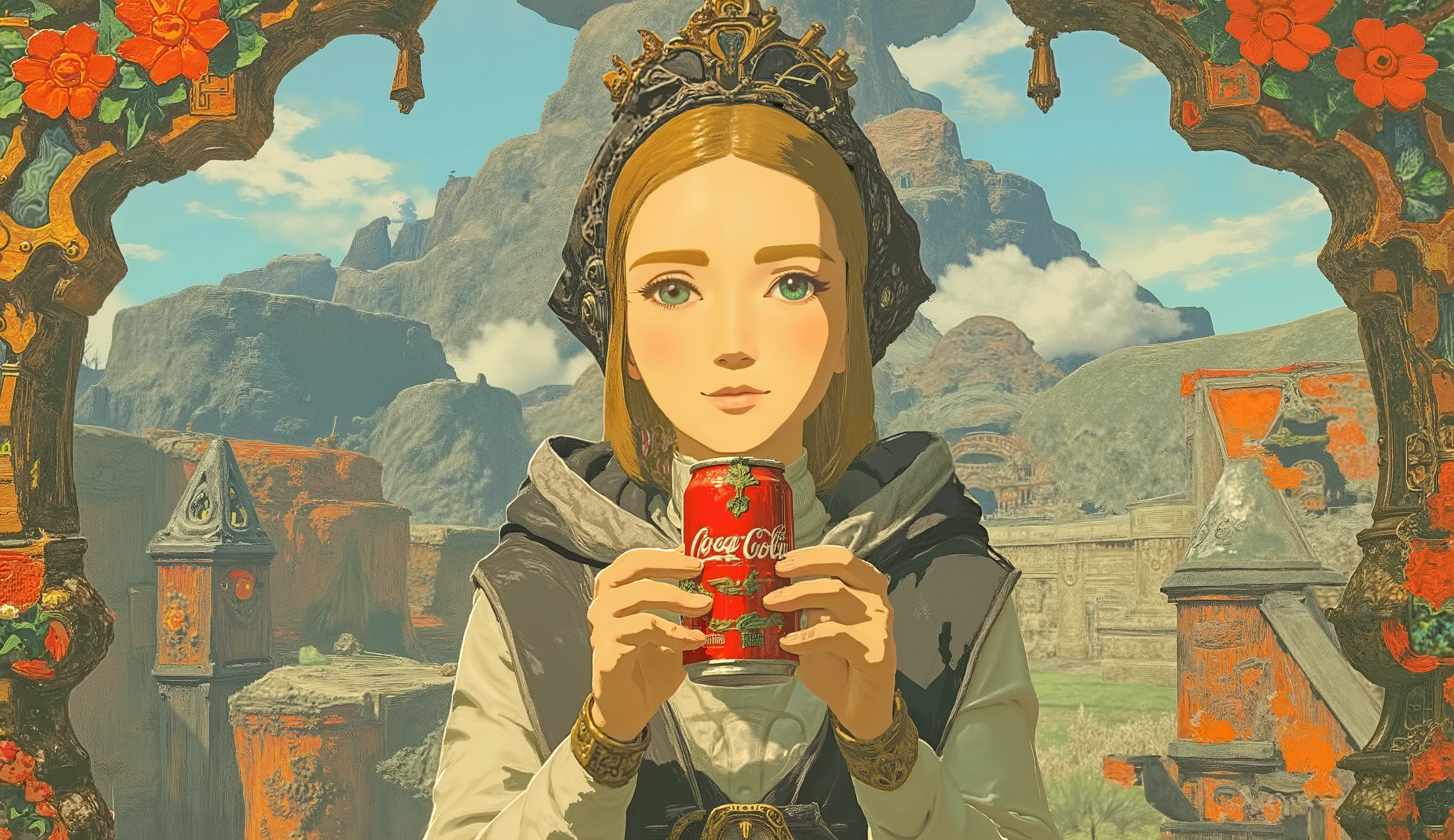 profile、Close-up photo of woman holding Coca-Cola, Concept art by Kieran Yanner, CG Societyでトレンド, Art Nouveau, Zelda OTW, OTW style, Zelda, princess Zelda, Breath of the Wild Style , OTW, portrait of Zelda, Zelda with triforce, portrait of princess Zelda, from legend of Zelda