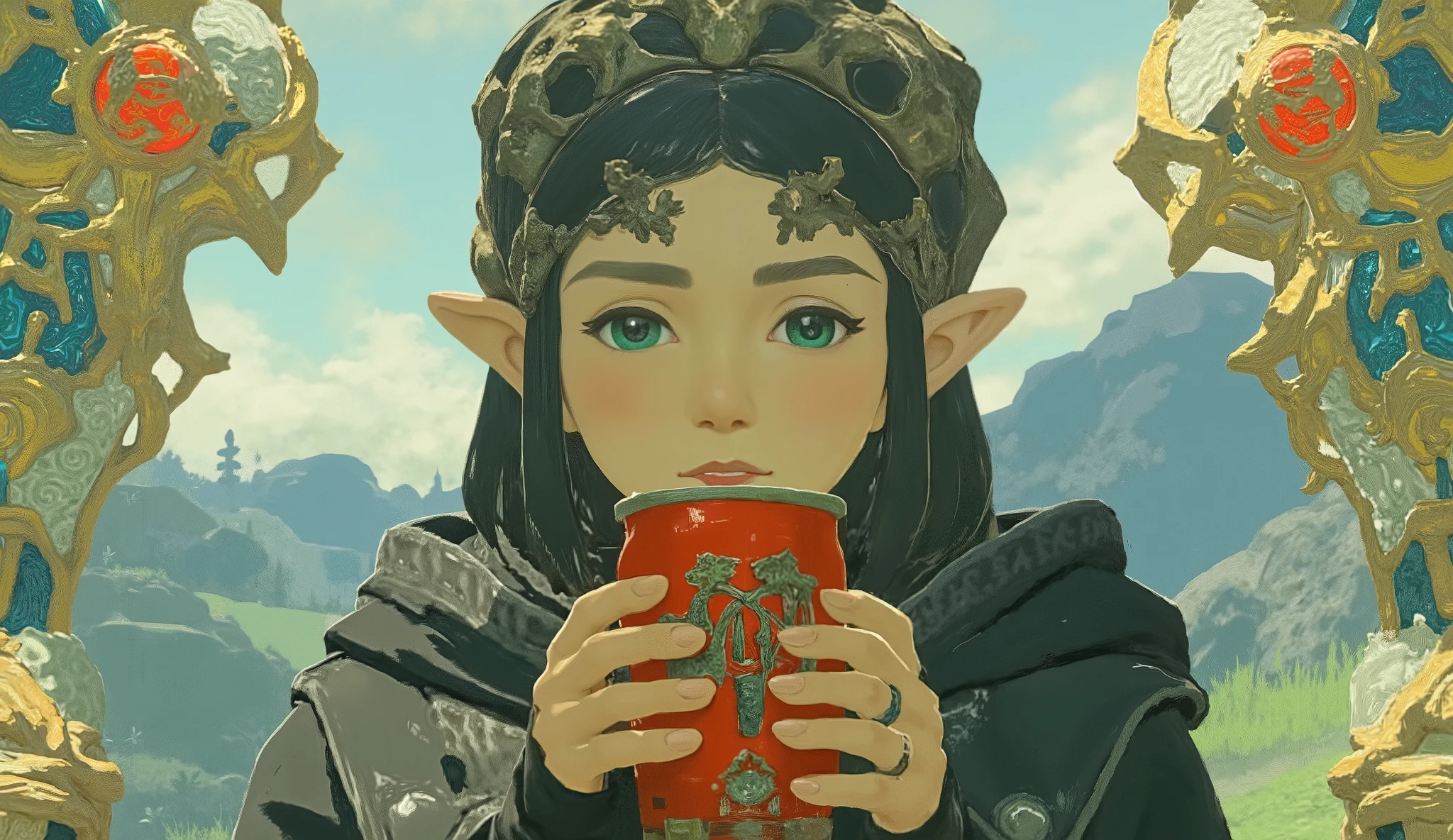 profile、Close-up photo of woman holding Coca-Cola, Concept art by Kieran Yanner, CG Societyでトレンド, Art Nouveau, Zelda OTW, OTW style, Zelda, princess Zelda, Breath of the Wild Style , OTW, portrait of Zelda, Zelda with triforce, portrait of princess Zelda, from legend of Zelda