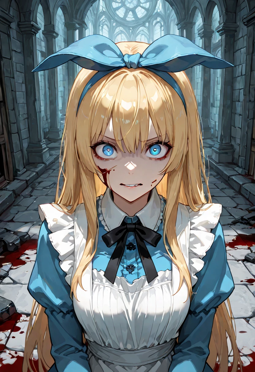 (finely detailed beautiful eyes and detailed zombie face,masterpiece sidelighting,masterpiece,best quality,detailed,high resolution illustration),, (depraved ??????? zombie girl,whole body,sundress,lustrous skin,looking down,looking at viewer),, (blood hair,blue eyes,ribbon, sheer clothes), (clothed_underbust:1.2),underboob
