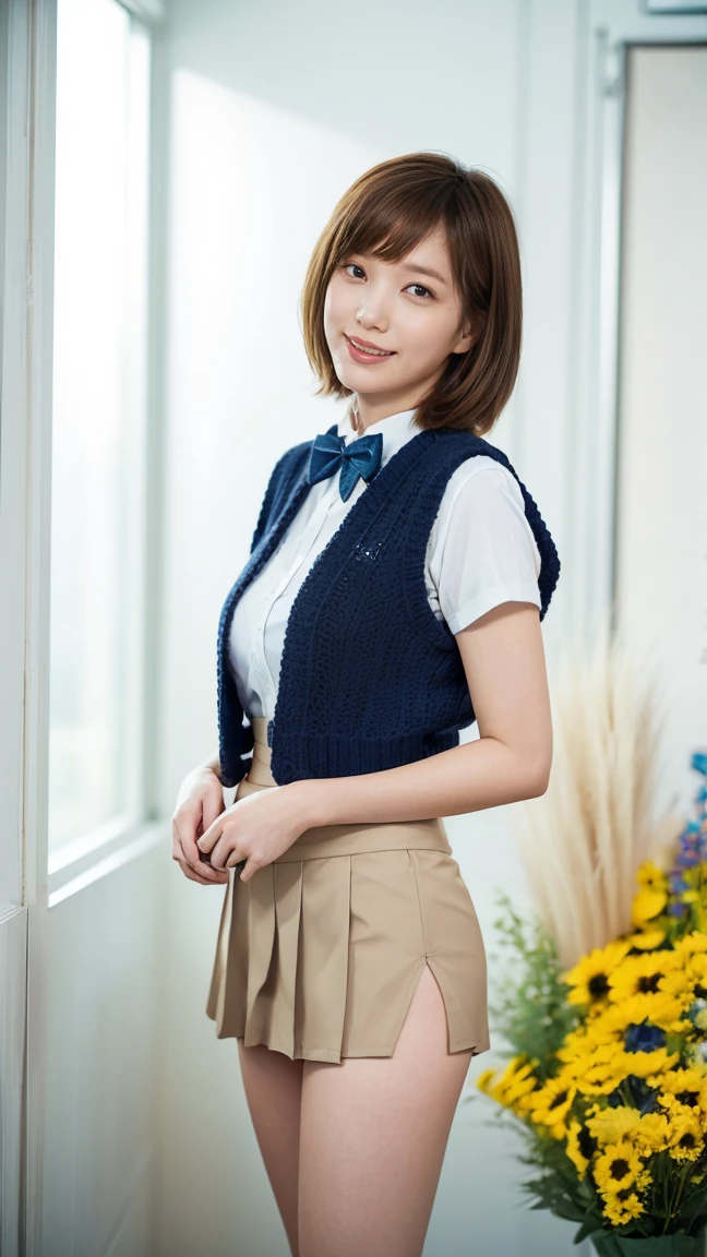 (masterpiece:1.2, highest quality), (realistic, photorealistic:1.4), beautiful illustrations, (natural side lighting, movie lighting), Depth of written boundary,
looking at the viewer, (face focus, Upper body), Front view, 1 girl, English, high school girl, 15 years old, perfect face, Cute symmetrical face, shiny skin,
(bob hair:1.7,blonde), asymmetrical bangs, Big eyes, droopy eyes, long eyelashes chest), thin,
beautiful hair, beautiful face, fine and beautiful eyes, beautiful clavicle, beautiful body, beautiful breasts, beautiful thighs, beautiful feet, beautiful fingers,
((fine fabric texture, brown knit vest, short sleeve white collar shirt, navy pleated skirt, Navy bow tie)),
(beautiful scenery), evening, (Inside the flower shop), Are standing, (smile, Upper grade, open your mouth), (((skirt lift, No panties, genitals visible)))