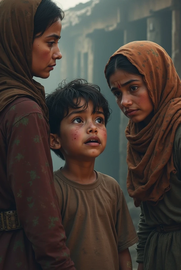 The child is staring at Savita with a blank expression, his clothes slightly tattered and his hair messy.
