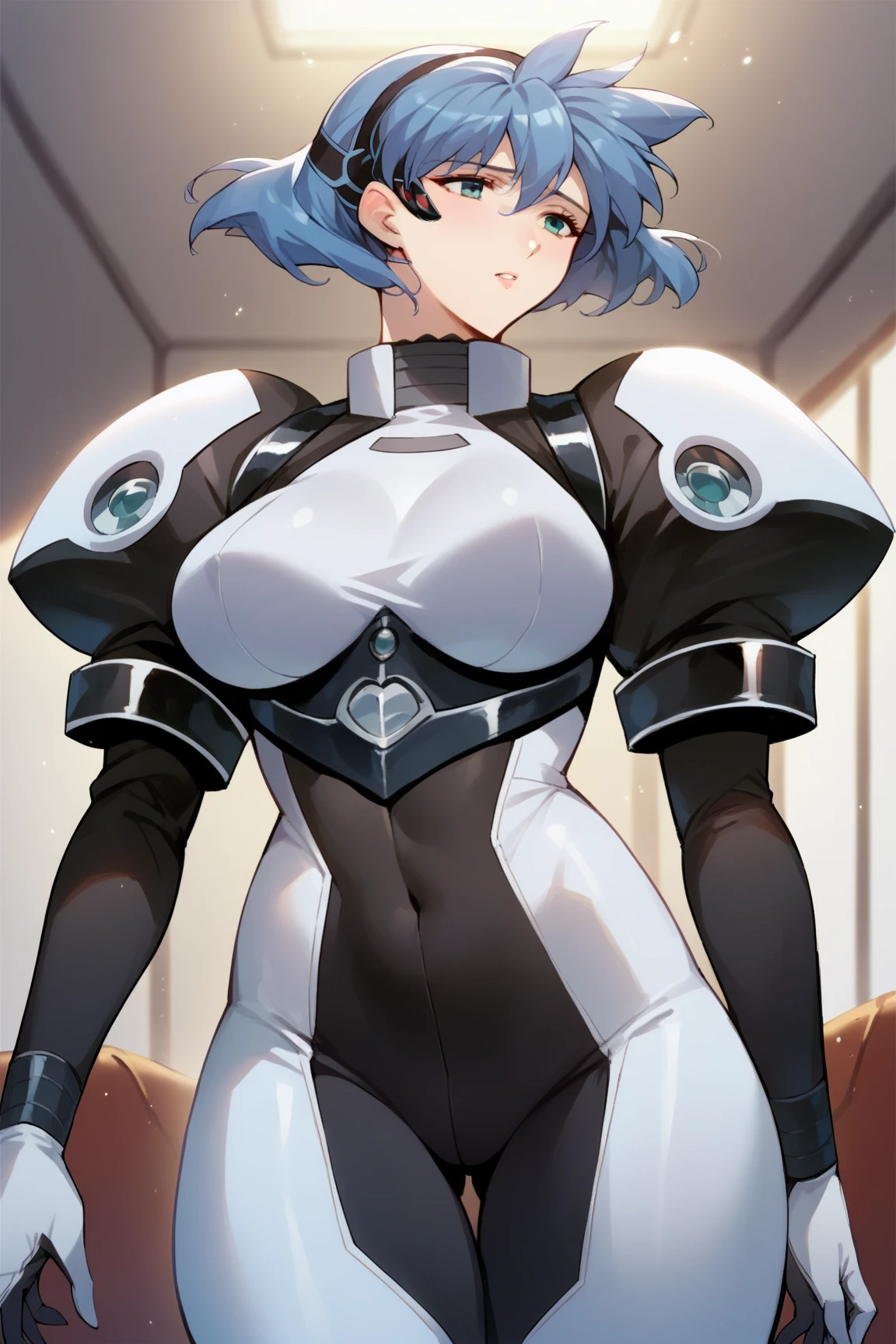 short hair and light blue hair, happy face, Black face mask, big breasts, red bodysuit, long black gloves, long black boots, black thong with a yellow i on her chest.