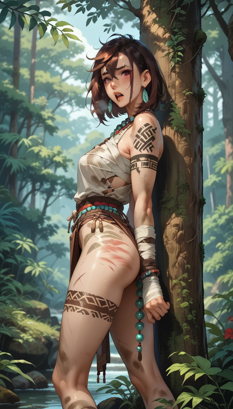 ((Sophie Marceau)), dark forest, brown long hair, big breasts, (((thick thighs))), white stockings, skinny chubby, (((she is brutally hit in the cheek by a stick:1.2))), (((hit in cheek:1.2))), (((stick flagellation view:1.2))), (((naked vagina view:1.2))), (((women whipped with heavy sticks))), (((cheek deformed by the violent stick impact:1.2))), (((sweaty skin))), (((beaten by violent skulled men:1.2))), (((fast spanking stick hit movement effect against her cheek:1.2))), (((surrounded:1.2))), (((pussy))), (((standing, tied arms above))), (((head hanged by a tense rope:1.2))), (((gallows)))