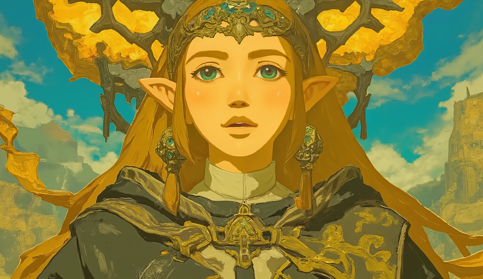 profile、Close-up photo of a woman holding a Nintendo Switch, Concept art by Kieran Yanner, CG Societyでトレンド, Art Nouveau, Zelda OTW, OTW style, Zelda, princess Zelda, Breath of the Wild Style , OTW, portrait of Zelda, Zelda with triforce, portrait of princess Zelda, from legend of Zelda