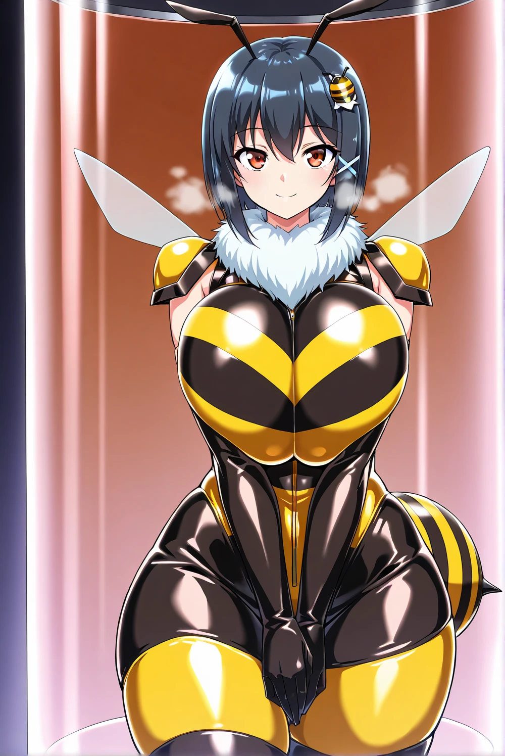 (high quality, Super detailed, 最high quality, Very detailed, beautiful, masterpiece),Realistic image of a bee mature woman,(Evil black cyborg mech monster bee woman monster),(Realistic upper body).(Evil bee black cyborg mech monster rubber suit:1.5),(Black evil bee cyborg mech monster helmet:1.5),Black evil bee shoulder armor,Black Bee Armor Suit,((Super super big breasts)),((Super super super big cleavage)),Big breasts bigger than the face,Bursting breasts,(Human female face:1.5),(Ikuyo Hoshizora (Smile PreCure!) LoRA),(Bimbo face:1.5,Heavy makeup:1.5,Mature woman face:1.5),