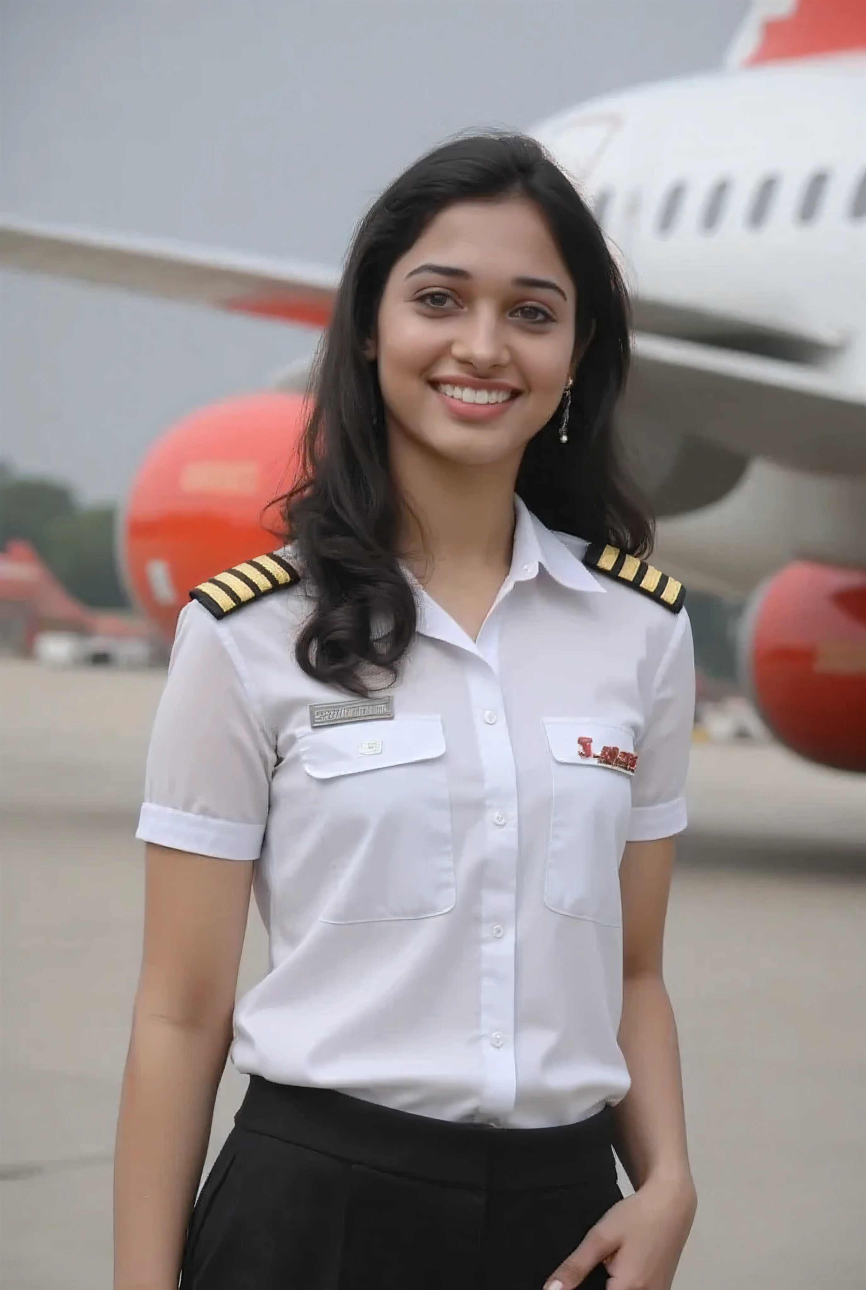 A highly realistic portrait of an 18-year-old female pilot from SpiceJet airline, wearing a crisp pilot's uniform, standing confidently. The framing is from the waist up, featuring a warm, innocent smile that captivates the viewer. In the blurred background, a large airplane is visible, subtly adding context to the scene. The focus remains entirely on the female pilot’s youthful charm and professionalism. 8k, ultra-detailed, hyper-realistic lighting, photorealistic textures.