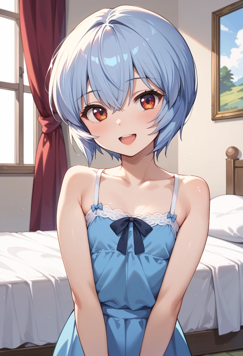 Anime-style illustration A young man with bluish silver hair, a wolf cut, long bangs, golden slanted eyes, beautiful sidelong glances, fair skin, and an angelic figure wearing a pure white negligee. He is sitting on a beautiful bed, holding a cushion decorated with lace.
