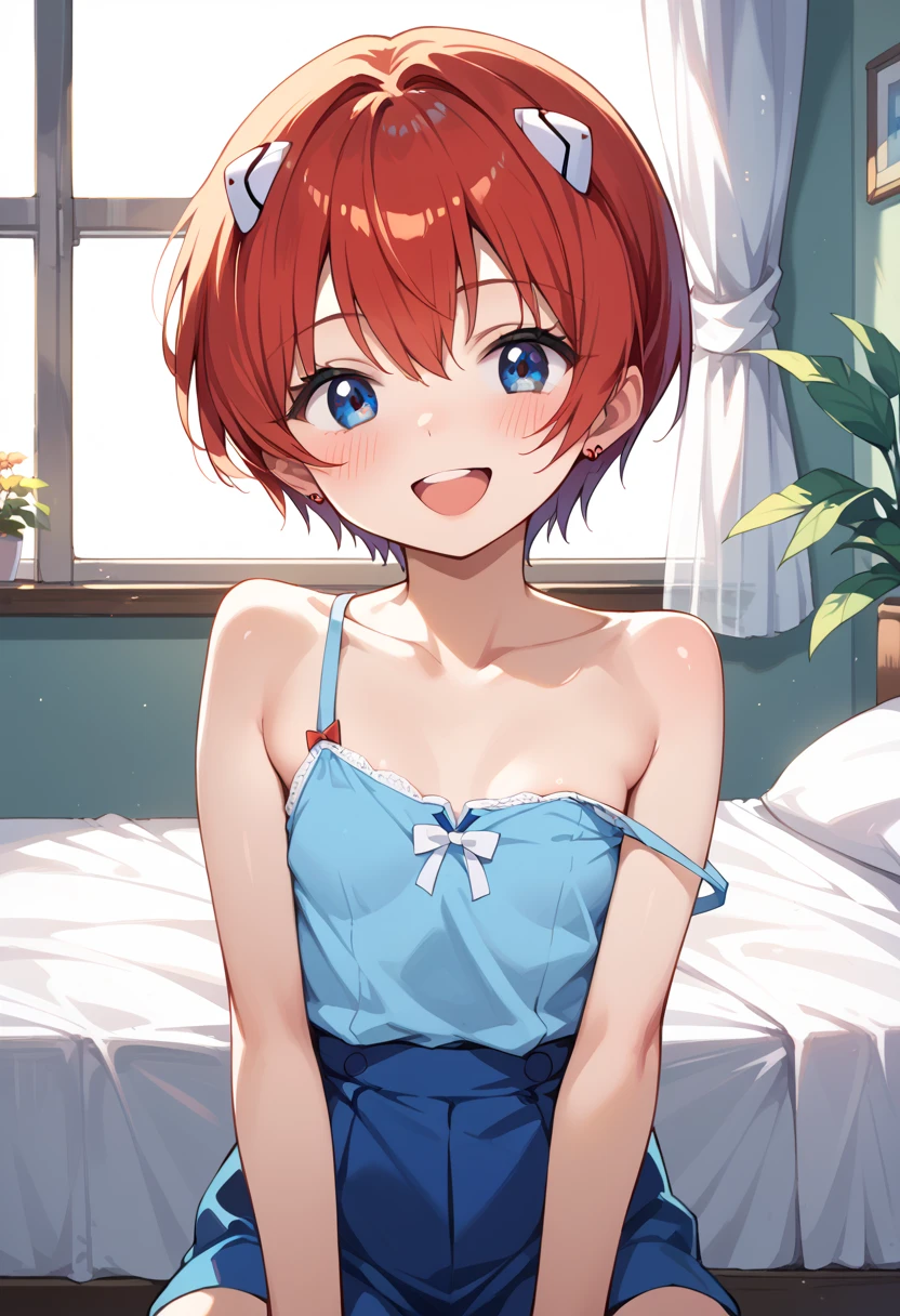 ((top quality)), ((masterpiece)), (be familiar with), perfect face, indoors, bedroom, viewers,
One woman, Ayanami Rei,
open mouth, ecstatic expression, blush, smile,
 small , flat , Young girl,  lori,  ,  girl,
Short Hair, short hair,
 open,