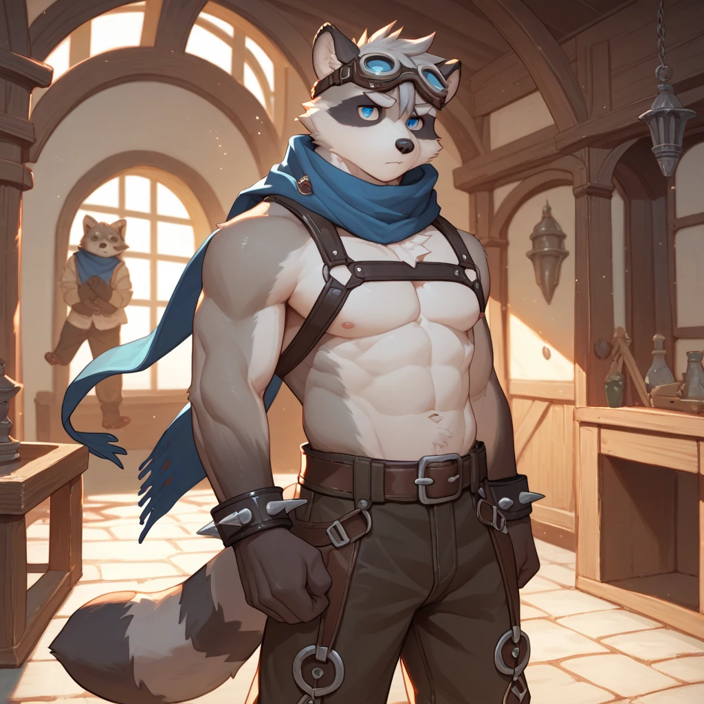 teen furry, furry, teenager, raccoon, grey body, long brown spiked_ponytail, detailed eyes, Detailed body fur, long blue scarf, leather_harness, blue_loincloth, goggles, masterpiece, gray body, Detailed face, big eyebrows, blue eyes, detailed eyes, No muscles, Detailed hands, Flat body, Skinny, Detailed paws, metal cuffs on wrists, metal cuffs on ankles, no shirt, no underwear, sleeping