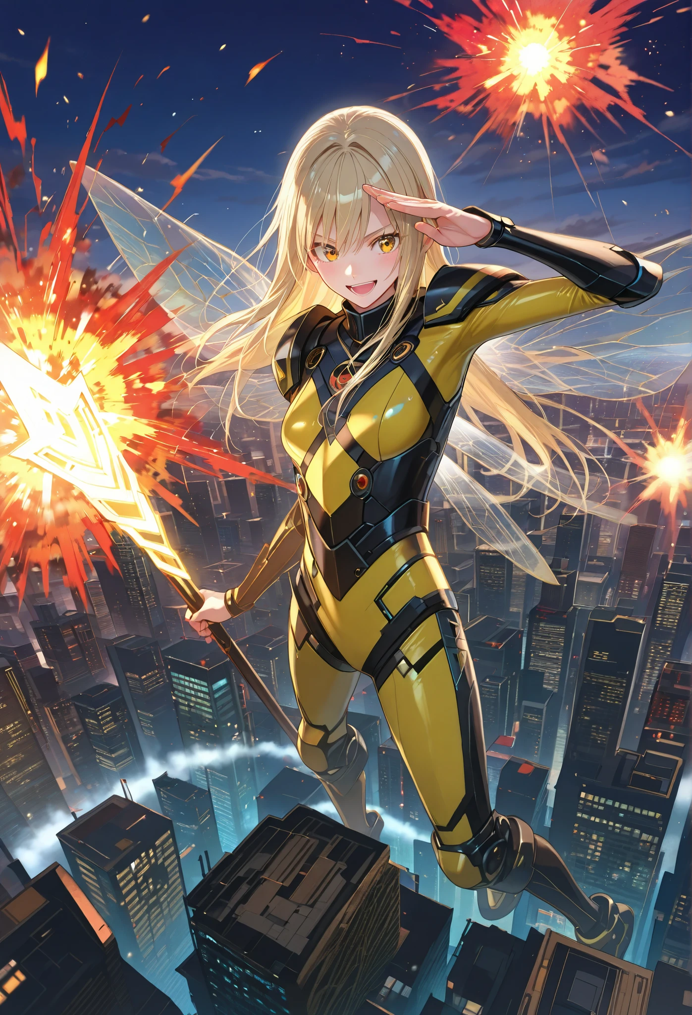 ■構図■view from above,She is positioned in the center of the image,perspective
 ■背景■The background features (single building:1.1) exploding. blasting flames, (comical explosions visible in the distance:1.2)
 ■人物■蜂のコスプレする美少女,(:0.3),salute,
 ■顔■blonde long hair,(detailed blonde eyelashes:1.2),laughing,looking at viewer,
 ■Body Type■Skinny,
 ■服装■The woman's attire consists of a form-fitting, bright yellow bodysuit with black accents, resembling a stylized bee-like costume.(bare thighs:1.1),frilled body suit,military style,Transparent bee wings,holding a spear 