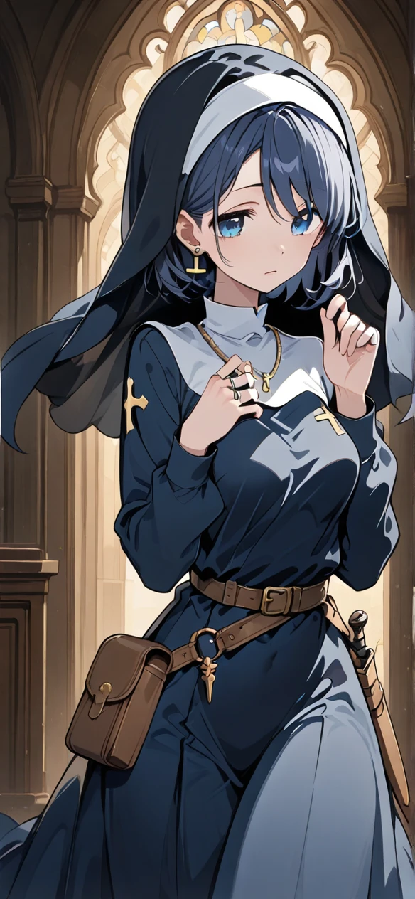 Female clergyman 　The hairstyle is a black short bob　medium breasts　loose, matte, deep dark blue monastic uniform（ Long Sleeve Dress）　Nun's Veil　accessory, a rosary、Small earrings on the ears、ring、Slightly loose waist belt　Small pouch　Dagger on belt　Background Church 