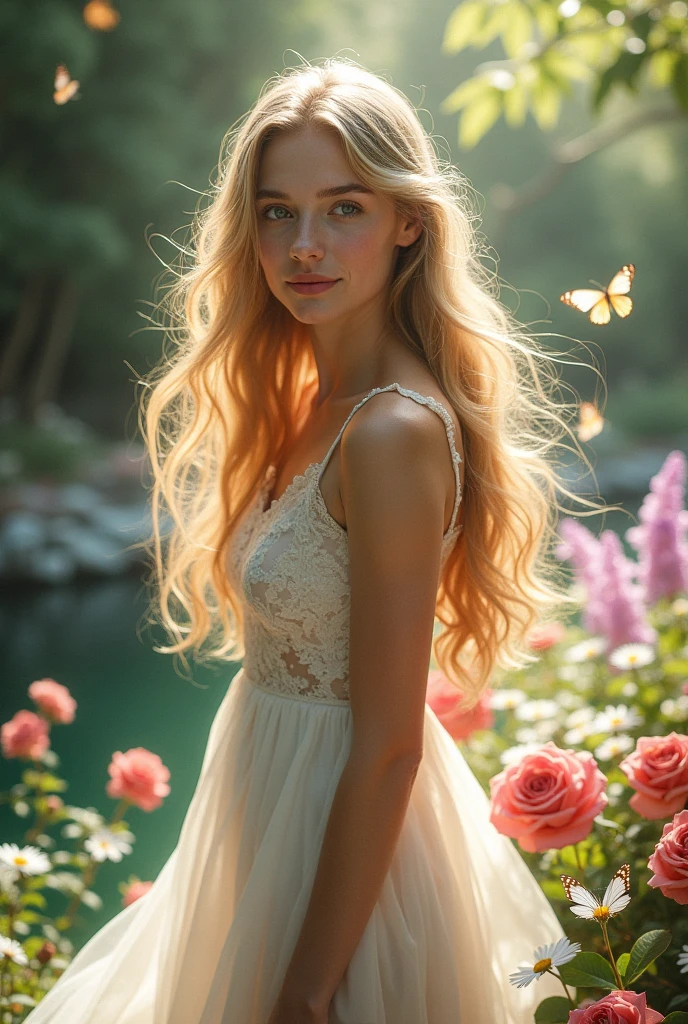 Young woman with a sweet and delicate appearance, blonde, Long straight hair, big, sweet amber eyes, blushing cheeks. Fragile and feminine in appearance, with a nice elegant and delicate dress