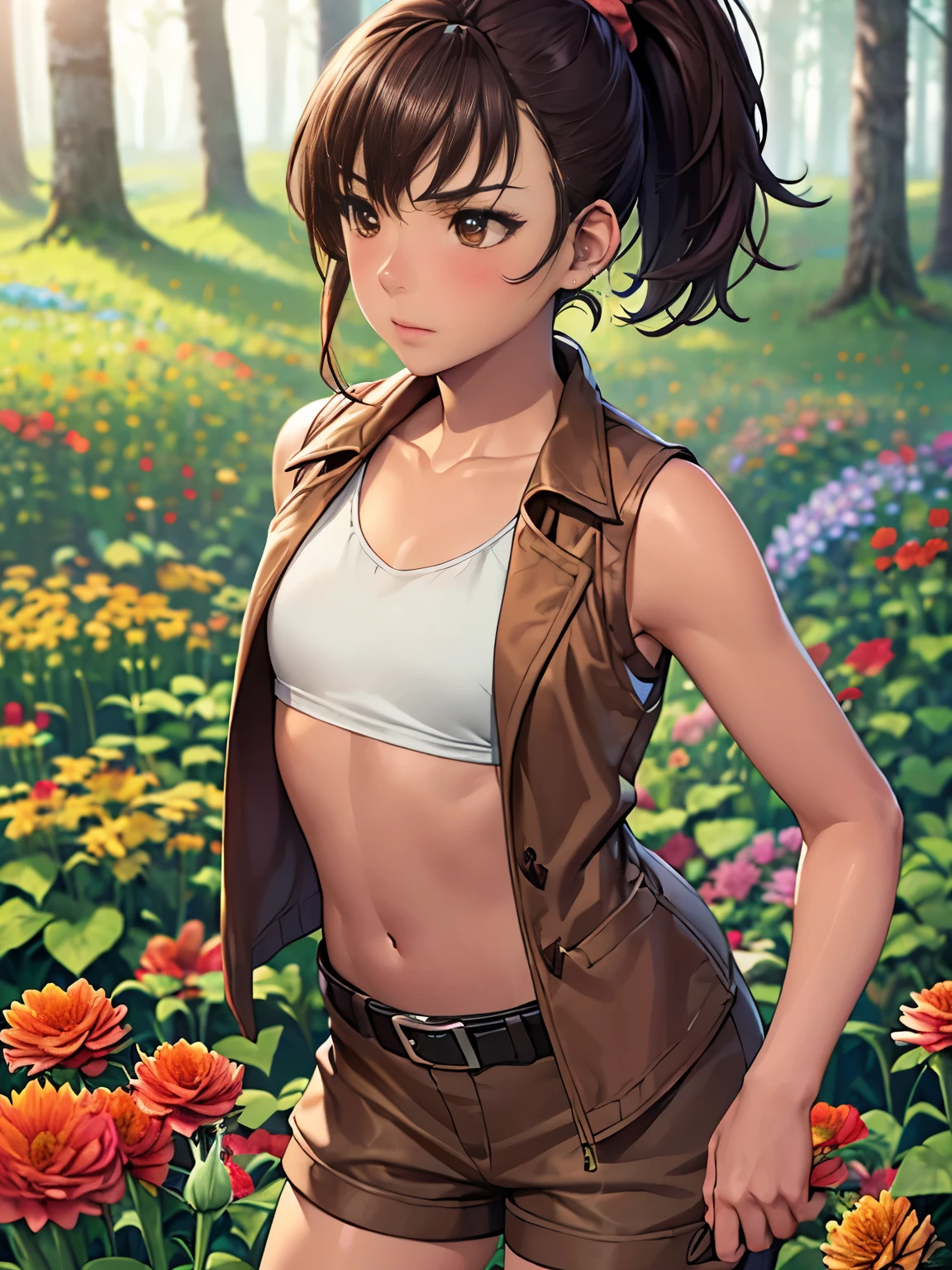 red fox, (monster girl), long brown ears with darker brown inside, brown fur, tan fuzz on the neck, Brown fluffy tail with a tan tip, big brown-eyes, wearing native american clothing, sitting in a flower garden, master part, best qualityer(sfw)