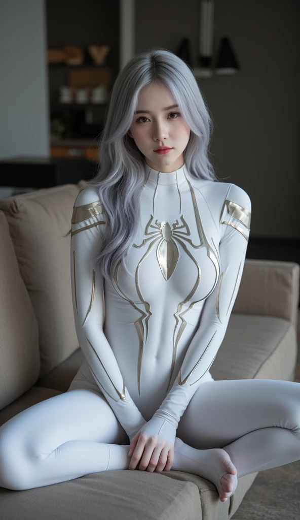 (Extreme Detail CG Unity 8K Wallpapers,tmasterpiece,Highest image quality),(Delicate light and shadow,The picture is highly dramatic,Cinematic lens effect),A girl in a white Spider-Man costume,High ponytail,full bodyesbian,Silver-gray hair color,From the Spider-Man parallel universe,gwyn,Marvel,Spidey,Kneel on the sofa,dynamicposes),(Exceptional detail,The lighting effect is outstanding,Vista wide angle),(Excellent rendering,Enough to stand out from the crowd),The focus is on the white Spider-Man costume,Complex black spider textures,in a panoramic view,sobu。