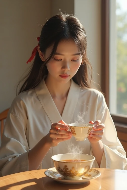 A woman spitting out the white liquor in her mouth、Beauty、White formal wear、Edo Period、No exposure、Cup、Sweet Sake、Makgeolli、Sticking out tongue