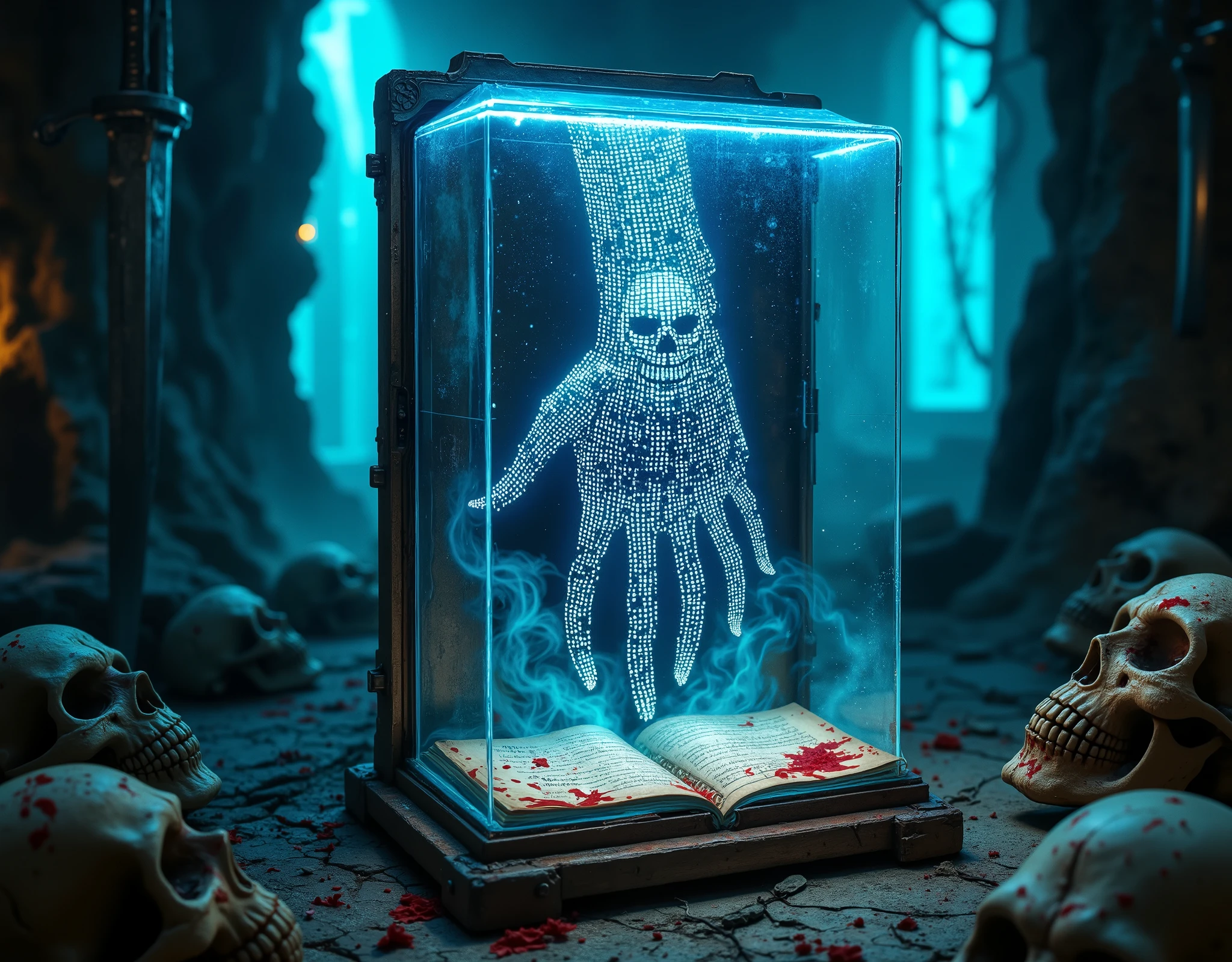 (A Forbidden Book) ,(血迹飞溅的old的玻璃盒内的sealed的中国的线状古书:1.7),sealed,贴old的封条,,high-hanging swords,Lots of dead skulls,Tomb内好多防盗的机关,一道巨大蓝色beam,old,Retro,Tomb,beam,The image of a giant skull hand consists of countless tiny dots of light,, this dotted visual effect creates a sense of technology and the future,also give the picture a mysterious and abstract atmosphere,close up,