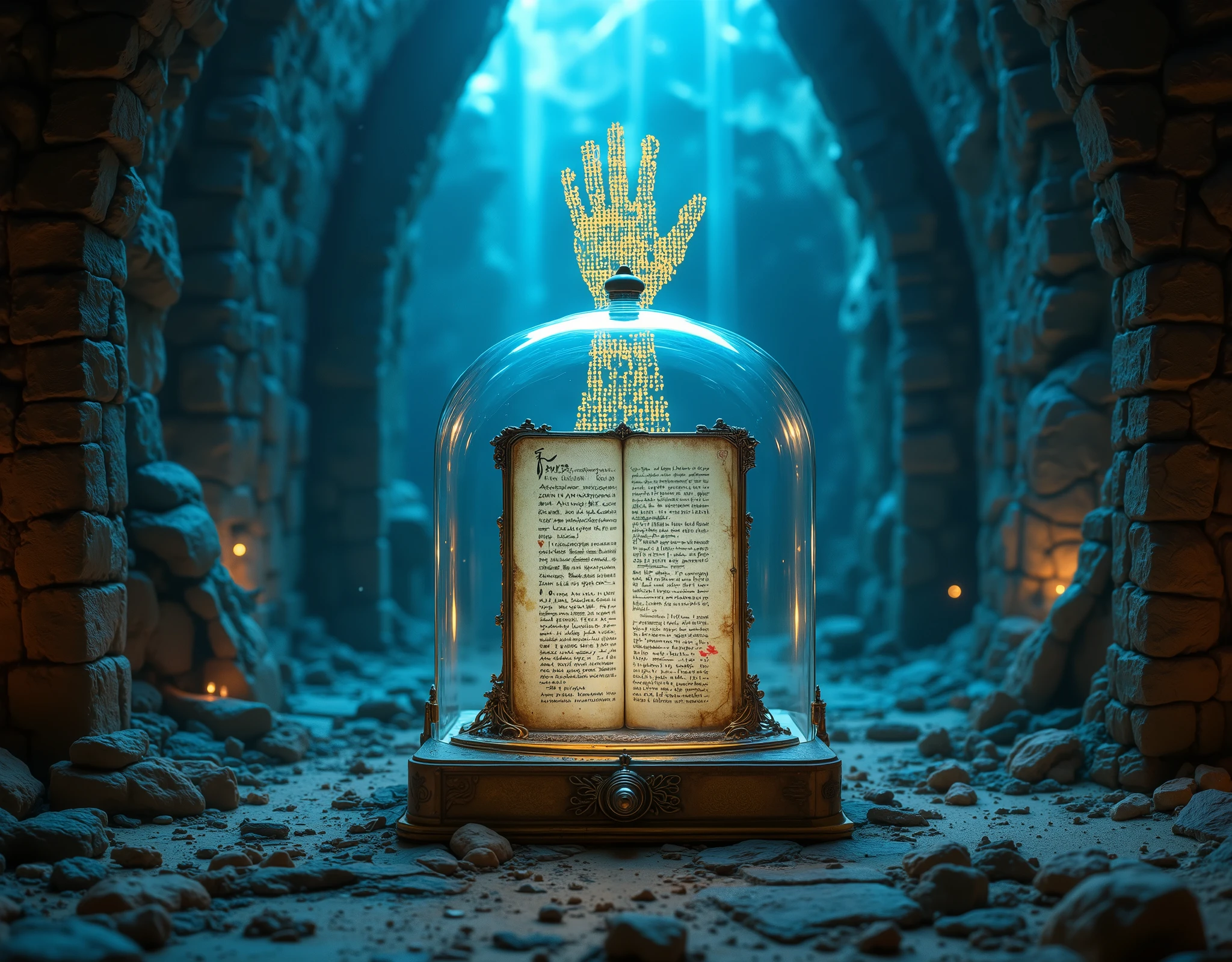 (A Forbidden Book) ,(血迹飞溅的old的玻璃盒内的sealed的中国的线状古书:1.7),sealed,old的封条,high-hanging swords,Many skeleton skeletons,Tomb内好多防盗的机关,一道巨大蓝色beam,old,Retro,Tomb,beam,The image of a giant hand consists of countless tiny golden dots of light,, this dotted visual effect creates a sense of technology and the future,also give the picture a mysterious and abstract atmosphere,close up,