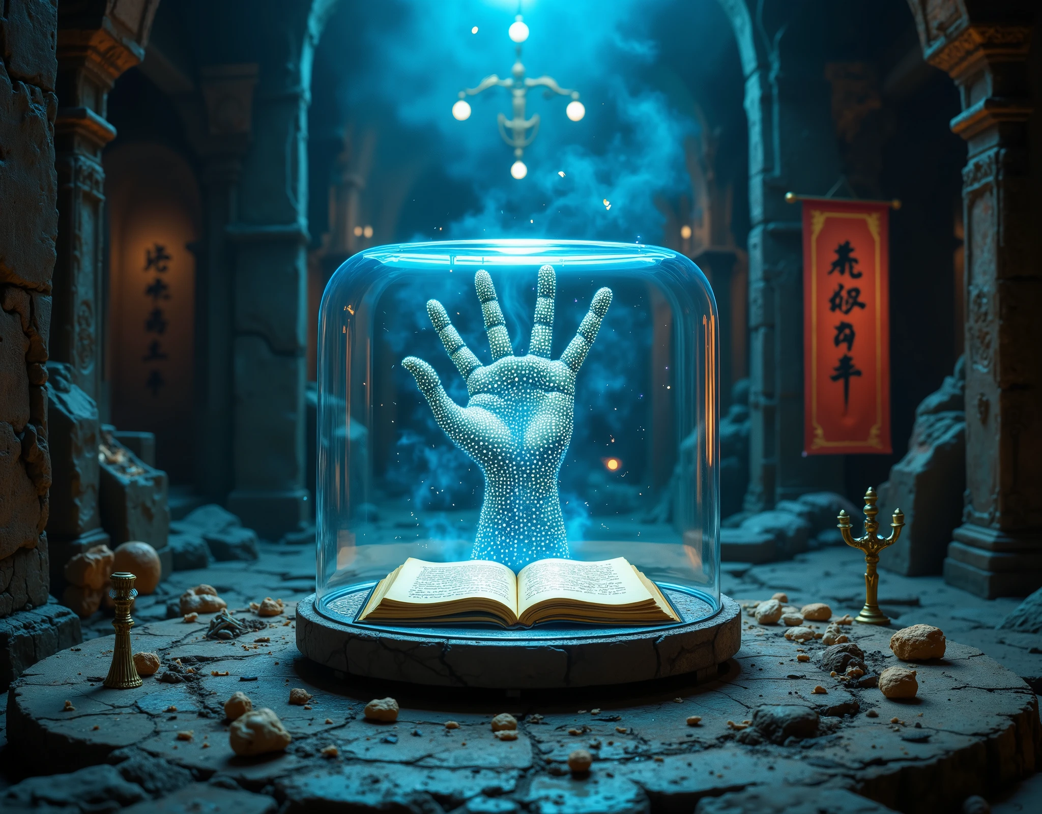 (A Forbidden Book) ,(血迹飞溅的old的玻璃盒内的sealed的中国的线状古书:1.7),sealed,old的封条,high-hanging swords,Many skeleton skeletons,Tomb内好多防盗的机关,一道巨大蓝色beam,old,Retro,Tomb,beam,The image of a giant hand consists of countless tiny golden dots of light,, this dotted visual effect creates a sense of technology and the future,also give the picture a mysterious and abstract atmosphere,close up,