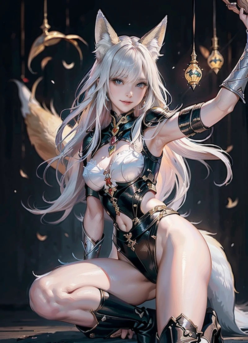 1人の獣女、pure white and very cute fox beast woman, black rubber suit, tattooed, white long wavy hair, sparkling gold big eyes, ABS, great proportions, full body shots, background kaleidoscope, 、the anime、, illustration, FANTASY, portrait、、, animification, Highres, beste Quality, very high image quality, Super Detailed, ultra Realistic, pfotorealistic