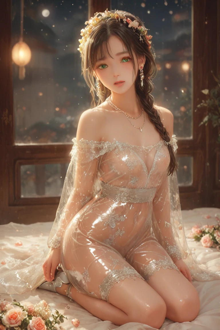 ((Best quality, 8k, Masterpiece :1.3)), A pretty girl standing in rain under Street lights with perfect figure :1.4, Slender abs :1.3, ((Dark brown hair, cleavage Big breasts :1.2)), smiling at viewer, transparent wet lace white long dress :1.4, full body post:1.4 , up skirt:1.5), red light district , Highly detailed face and skin texture, Detailed eyes, Double eyelid --auto --s2