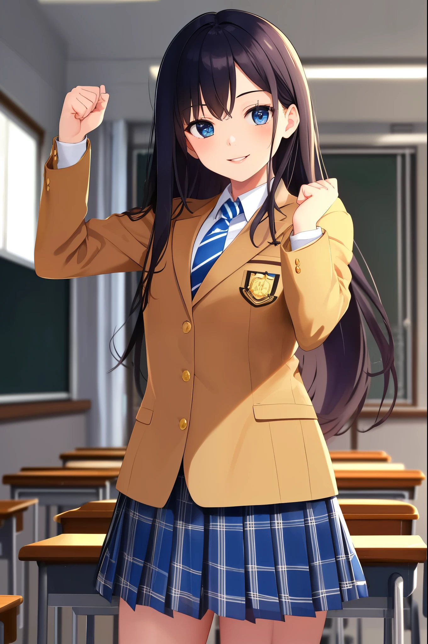 masterpiece, best quality, absurdres, perfect anatomy, 1girl, solo, high school student ,long hair, school uniform, camel blazer,buttoned blazer, blue striped tie, blue checkered plaid skirt,thigh, standing,raise up fist ,classroom , closed mouth,from front, glossy lips cowboy shot ,smile