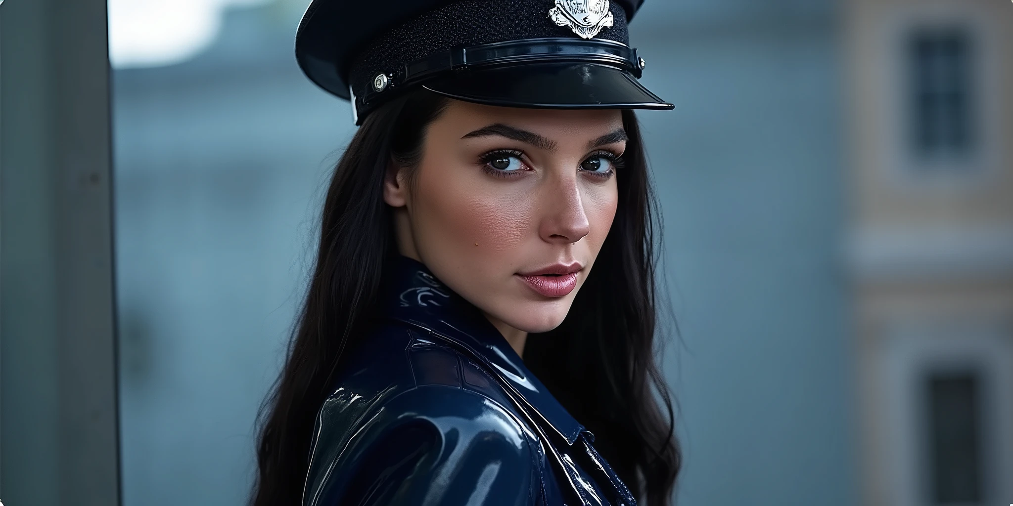 In a striking portrait shot, a young Caucasian woman stands alone, her figure elegantly framed against a softly blurred background that hints at an urban setting. Her long, straight black hair cascades down her shoulders, contrasting sharply with the glossy sheen of her tight-fitting latex police uniform, which hugs her slim silhouette and accentuates her curves. The scene is illuminated by a cool, diffused light that highlights the contours of her heart-shaped face, where high cheekbones and a defined jawline lend an air of sophistication.
Her deep blue eyes, framed by long upper eyelashes, gaze directly at the viewer with an expressionless intensity that is both captivating and enigmatic. The meticulous detail captures the beauty of her almond-shaped eyes and the fullness of her lips, which are painted a soft pink and sculpted with a delicate cupid's bow. A peaked cap sits stylishly atop her head, adding a touch of authority to her seductive presence. The overall composition radiates a harmonious blend of allure and strength, drawing the viewer into the intriguing interplay of confidence and vulnerability that she embodies.