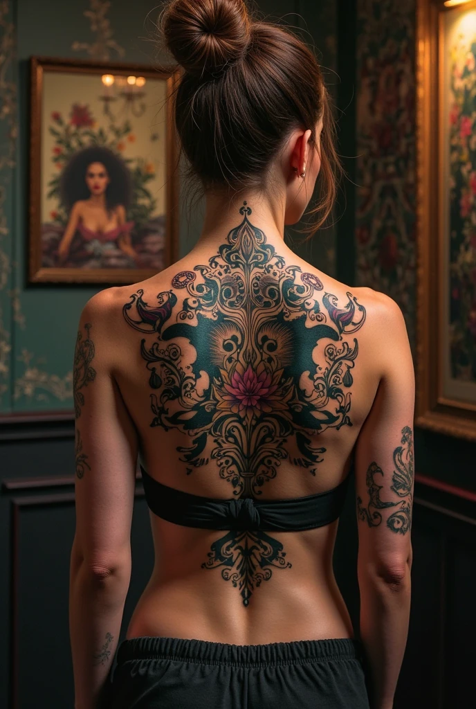 Tattoo in style ( Changed tattoos) on the back of a beautiful European woman. A woman dressed in (changed clothes). Expressive look at the viewer. A work of art, Hyperrealism, Atmospheric lighting. (Changed the environment)