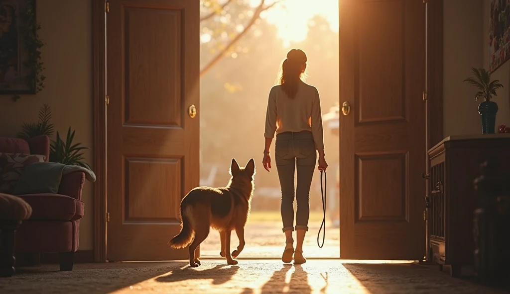 hyper realistic image of ""A crisp morning scene as the woman holds a loose leash, standing at the open door. The German Shepherd hesitates, his ears twitching, staring at the outside world—until he takes his first tentative step toward freedom."
