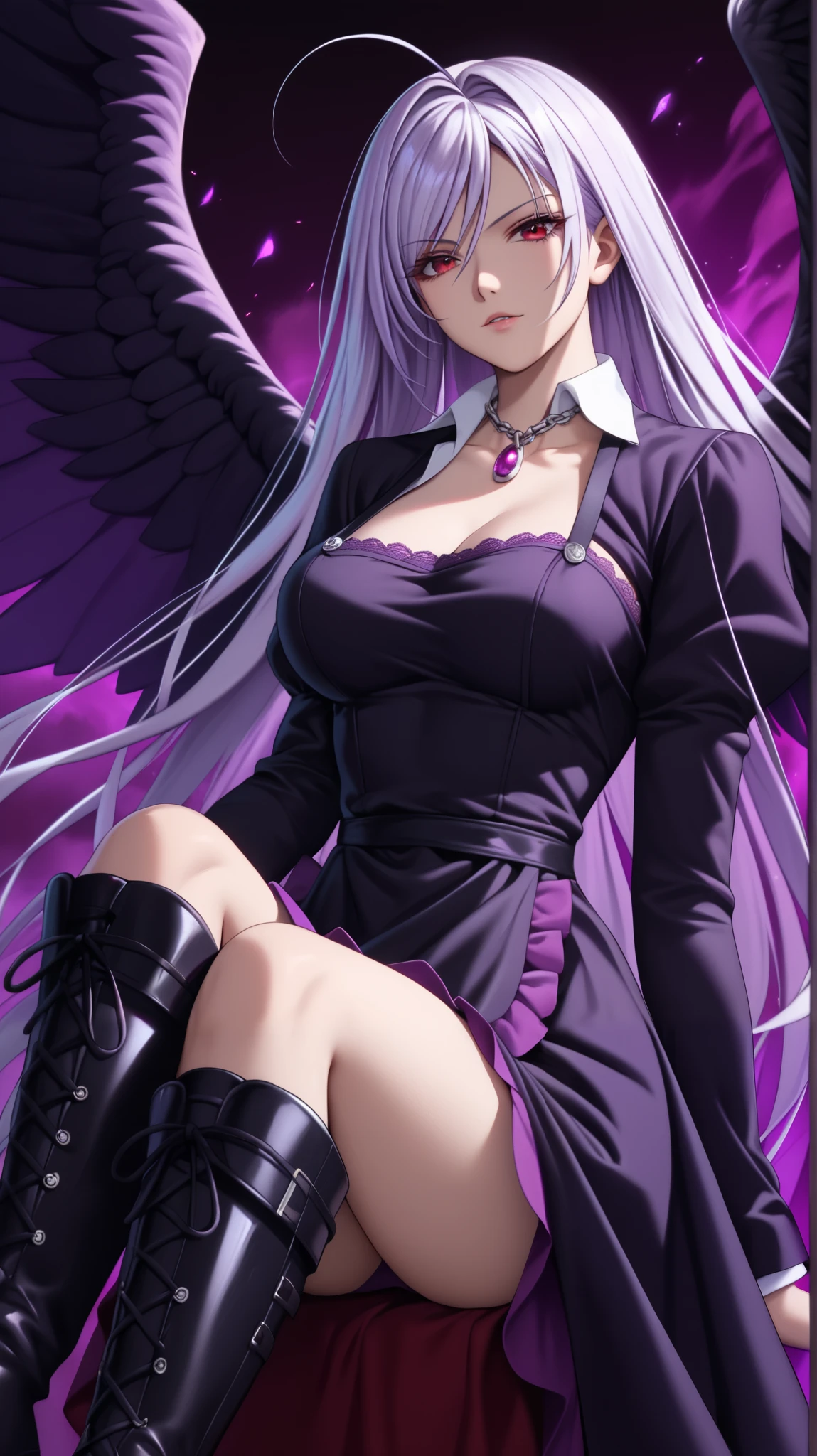 vampire moka akashiya, long hair, red eyes, ahoge, white hair, large breasts, (high-collared black dress with dark violet accents:1.3),(violet lace apron with intricate black metal armor pieces sewn into the fabric:1.2),metallic chest plate with dark purple gem,(knee-high black boots with dark violet metallic detailing along the sides:1.2),(obsidian black wings with violet tips,creating a haunting, ethereal look:1.1)