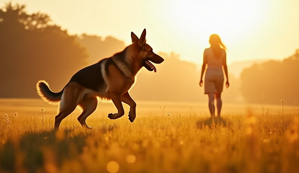 hyper realistic image of """In a sunlit field, the once-broken German Shepherd now runs freely, his fur gleaming and his tail wagging. The woman stands in the distance, watching him with pride and joy, knowing he has finally found happiness and a home.""