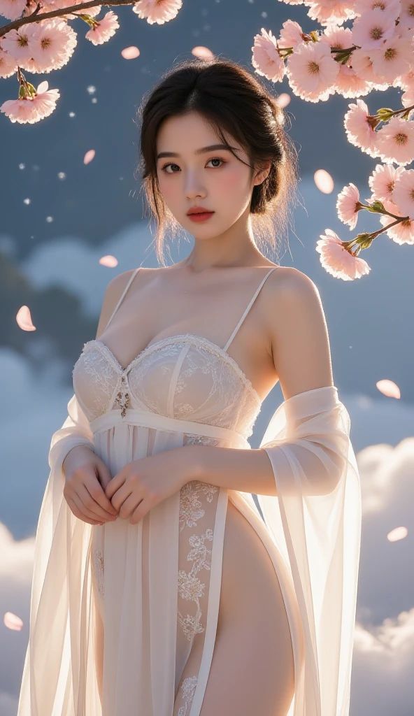 chang_e,hanfu.moon,Beauty, beautiful女人，Have a perfect body：1.4，Layered Hairstyle，((Big breasts)), ((D cup)), Visible cleavage，Bare shoulders, Highly detailed face and skin texture，Double eyelids，Skin Whitening，Long hair，Whitening long legs，Standing by the sea, Fashion girl, Red lips, Sweet maiden, beautiful妆容, detail, lifelike, Very detailed, amazing, beautiful, Young and energetic, high quality，High Definition, rich and colorful，Exquisite, Smooth skin, The skirt is short, Lift the skirt with your hands, Elegant and charming posture, Official Art, Extremely detailed, Movie atmosphere, Soft colors, Natural skin texture,