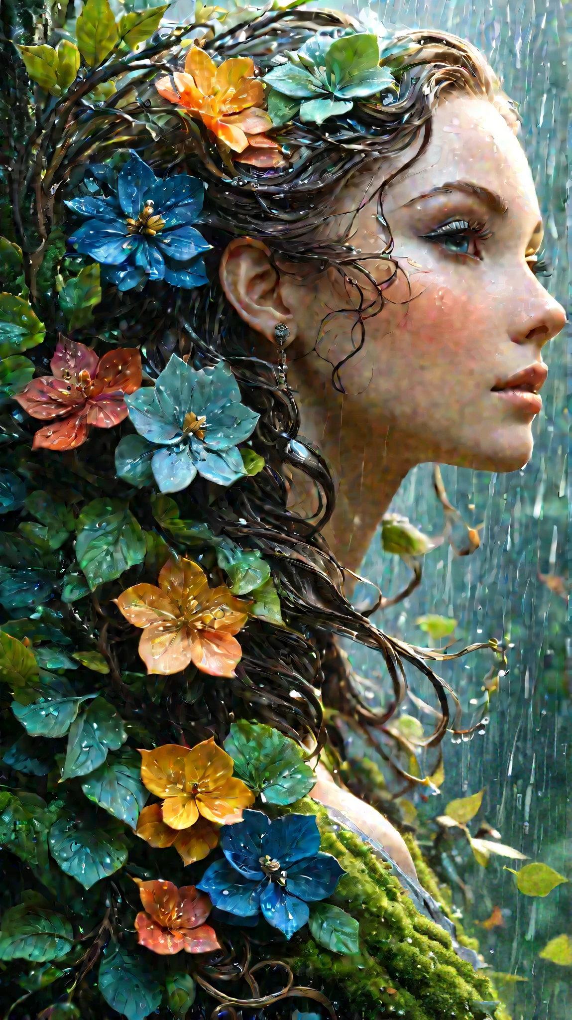 sculpture, A woman is a beautiful fantastic flower. Full length slender body, long hair, slender legs. Stand in the form of branches and intertwined leaves and moss. , rich textures, harmonious color palette, elegance and luxurious beauty intertwined with ornamental curls, contrast between the falling rain and the body, symbolism, elegance, ultra realistic, high detail. , sharp focus, high detail, fantasy style. Greg Rutkowski , rich Art Nouveau patterns, rich textures, harmonious color palette, elegance and luxurious beauty intertwined with ornamental curls, contrast between the falling rain and the body, symbolism, elegance, ultra realistic, high detail. , sharp focus, high detail, fantasy style. Greg Rutkowski . high detail, sharp focus, fantasy style, Greg Rutkowski, Ciro Marcetti, Karol Bak