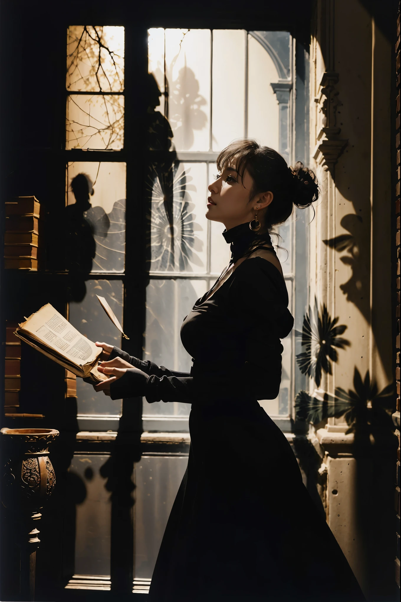 top quality,greatest masterpiece,highest resolution,photorealistic,(Pitch Darkness:1.4,Faint Candlelight:1.4,She's looking for used books in a warehouse,The face and body are super dark:1.7),anatomically correct,Perfect Proportions,perfect female body,top qualityのリアルな質感の肌 top qualityのテクスチャの髪 ナチュラルボブ ウェーブヘア 前髪パッツン 銀髪,Forbidden Atmosphere,20 Year Old Japanese Female Fashion Supermodel,turtleneck white,gorgeous earrings,necklaces, bust up pictures with wine in hand,high ceiling, wall-to-wall bookshelf,Ancient books piled up high:1.4,(An impressive composition with her silhouette and shadows:1.6),from back side,perfect composition,Dynamic Composition