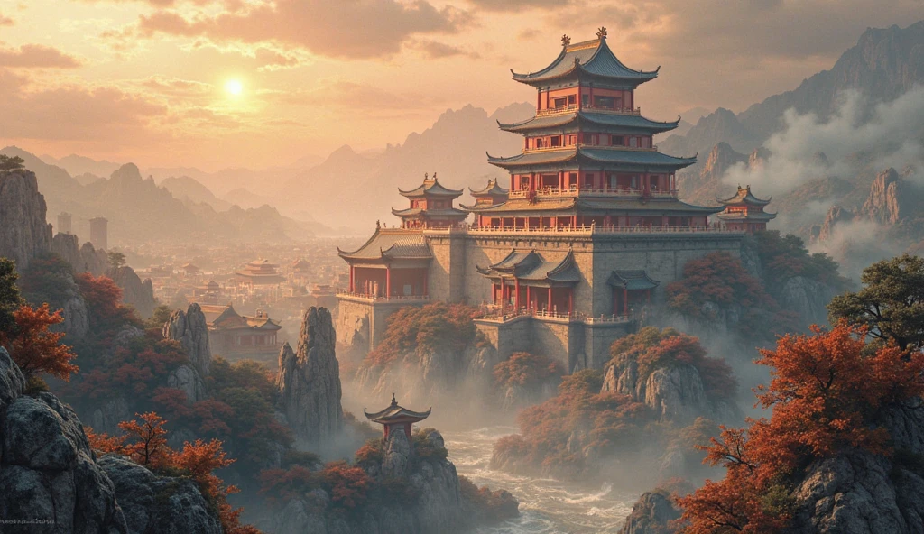 There are many buildings in the sky，The background is clouds, cyberpunk chinese ancient castle, Beautiful rendering of the Tang Dynasty, dreamy Chinese towns, floating city on clouds, Chinese fantasy, floating lands in-clouds, Cloud Palace, palace floating in the sky, matte painting in fantasy style, Floating city in the sky, ancient city landscape, stuning fantasy 3 d render