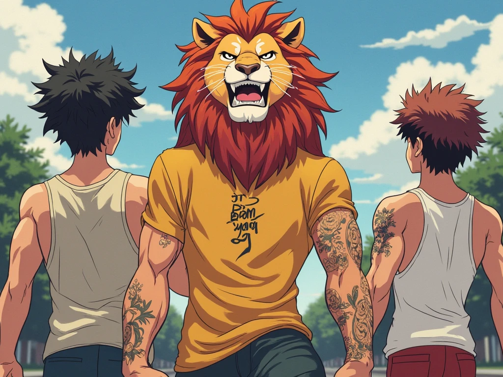 A golden-haired beastman is on the left side of the picture.,The fur on the left ear is white,Muscular body,Very tall,Football clothing。A human is on the right side of the picture,Much shorter than the golden-haired beastman。Two characters looking at each other face to face。