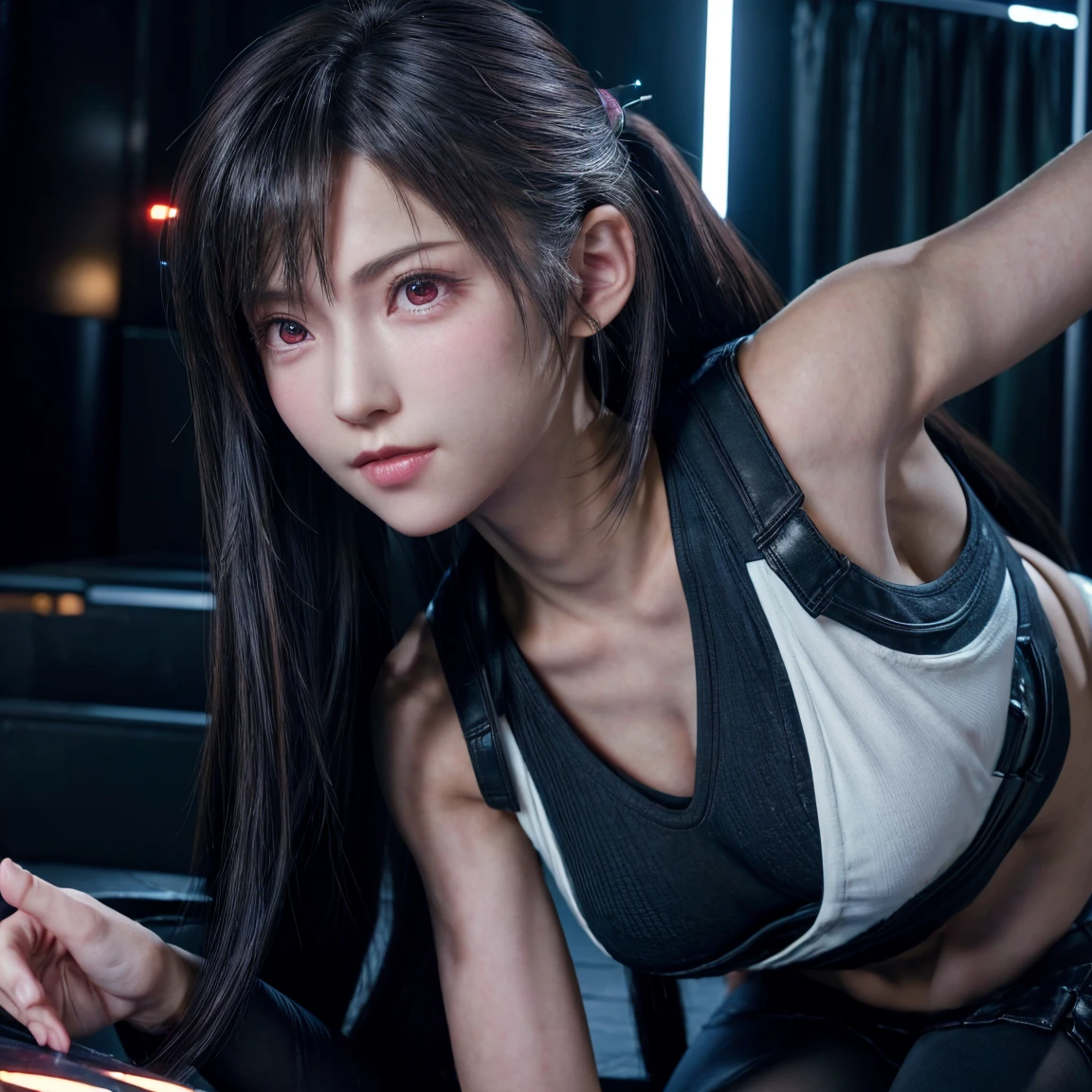 (8K、Top image quality、masterpies:1.2)、(realisitic、Photorealsitic:1.3 people 7)、ultra-detailliert、Girl 1 male、cute little、独奏、、、、、、、、(Tifa Lockhart)、(tiny chest)、(Shift clothes to show bra)))、(((Black bra))、(beautidful eyes)、(A smile:1.2)、(Closed)、erotic posing、dance、neons、A city scape、depth of fields、Dark and strong shadows、foco nítido、oat、motion-blur、motor bikes、depth of fields、Composition、Glowing green light、Final Fantasy VII、Tools、(Nasal redness)、Single elbow pad、Ankle Boots、A dark-haired、black thigh、Red boots、elbowgloves、elbow pad、Fingerless gloves、Taut shirt、Sportsbra、(suspenders,,,,,,,)Black skirt)、thighs thighs thighs thighs、White tank top、fullllbody、head rest、s lips、facial cum shot、low-tie long hair、(Red_The eye))、yellow flower、(natta:1.3)、with an intricate、bokeh dof、cinematlic lighting、photon maping、Radio City、Physically Based Rendering、(Tetsuya Nomura Style)、NSFW、Perfect Breast