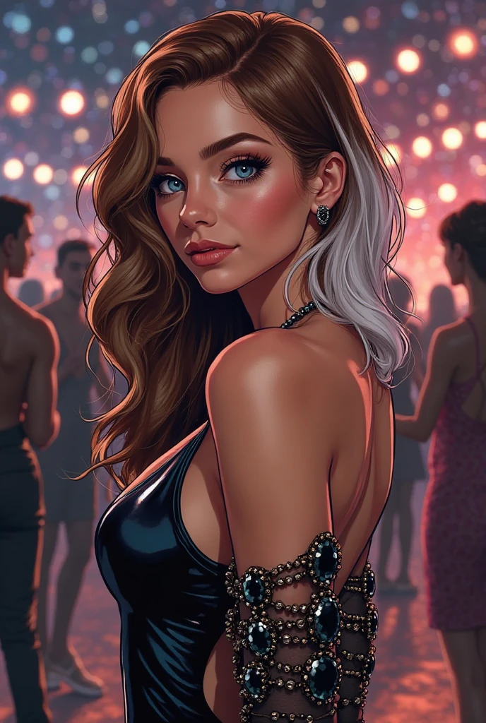analog style, woman, (neon lights:1.1), glowing colors, (thepit bimbo:0.5), glossy, sexy,

[Nina Dobrev|Emma Stone],, looking at viewer, naughty smile,  symmetric, centered, closeup, extreme closeup, upper body, cleavage focus,
milf, feminine, athletic, fit, high, tan skin, european, minidress, excited, smile, glowsticks,  disco,
gold outline,
[(colorful explosion psychedelic paint colors:1.1)::0.125],
iridescent, chromatic aberration, studio lights, bright light, glowing skin,
realistic body proportions, realistic, photo-realistic, 8k, highly detailed,
led light, laser lights,uptight