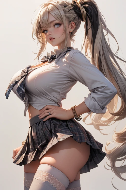 Korean Idols　Mature Woman　The spring wind blows　large amount of wisteria flowers　Lavender Fields　Blonde with bangs　Hair blowing in the wind　Rimless glasses　Bright red rouge lips　Big Breasts　Big Butt　Wet blue shirt　Leather tight skirt　Garter belt and stockings　Knee-high boots　Turn around with your back　Sit with your buttocks sticking out　Turn around and make eye contact　Photorealistic　Happy expression　Duck mouth　masterpiece　Depicted from below