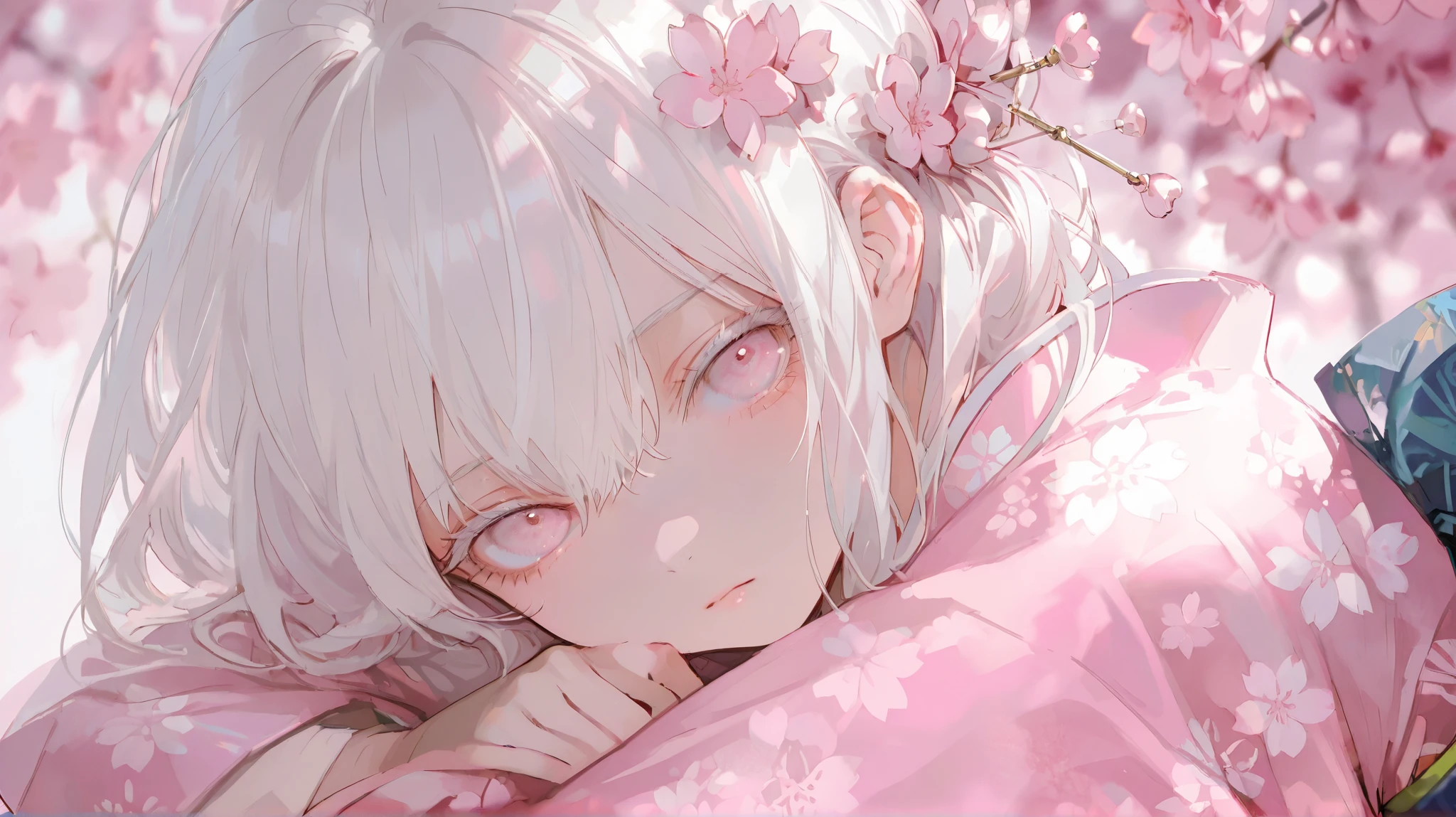 masterpiece , best quality , good quality , average quality , very detailed , very beautiful , absurd , blurred background , depth of field , natural light , soft lighting , hair detail , sensitive , one girl , solo , staring at the viewer ,white hair ,light pink eyes ,white eyelashes ,pink kimono , cherry blossom background