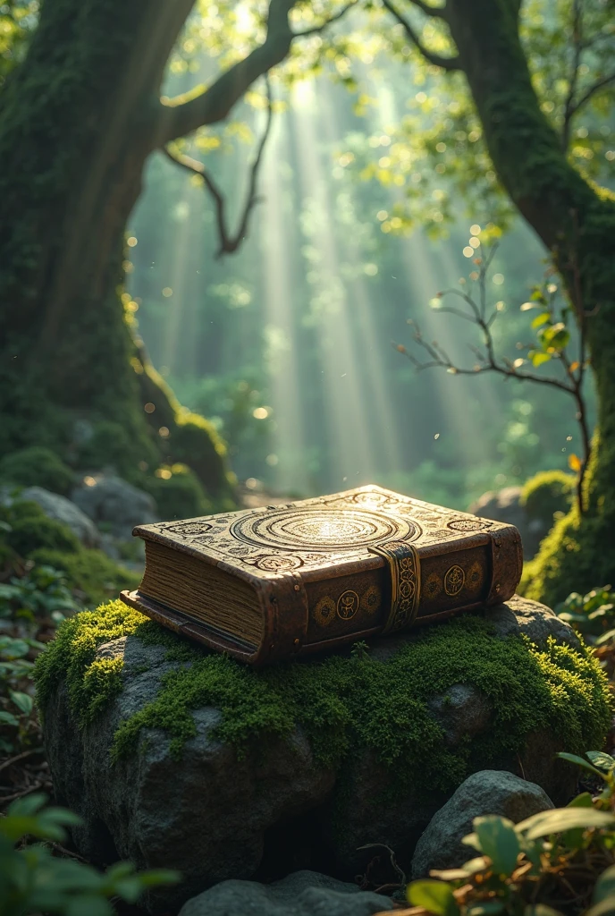 In a deep forest,,The sun shines mottled light and shadows through the leaves,An ancient book lying quietly on a moss-covered stone,is surrounded by magic runes and seal patterns slowly spinning。
